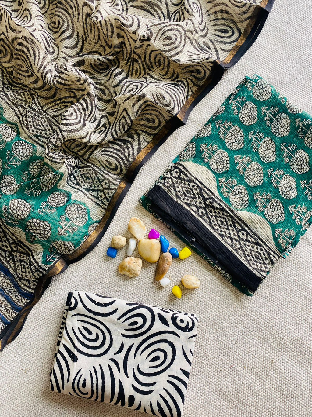 Handblock Printed Pure Kota Doria green Suit Set