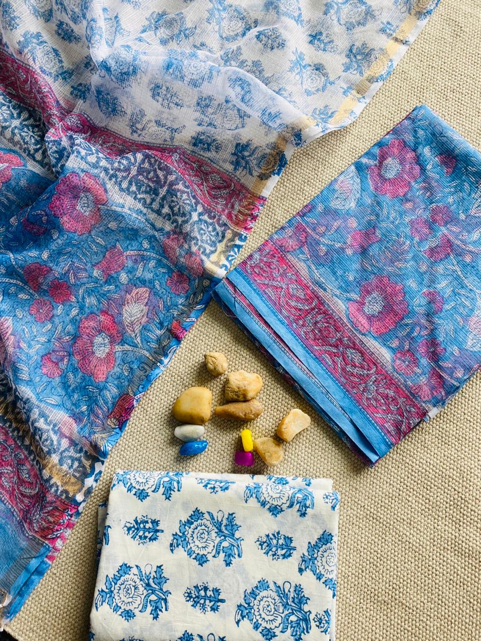 Handblock Printed Pure Kota Doria purple Suit Set