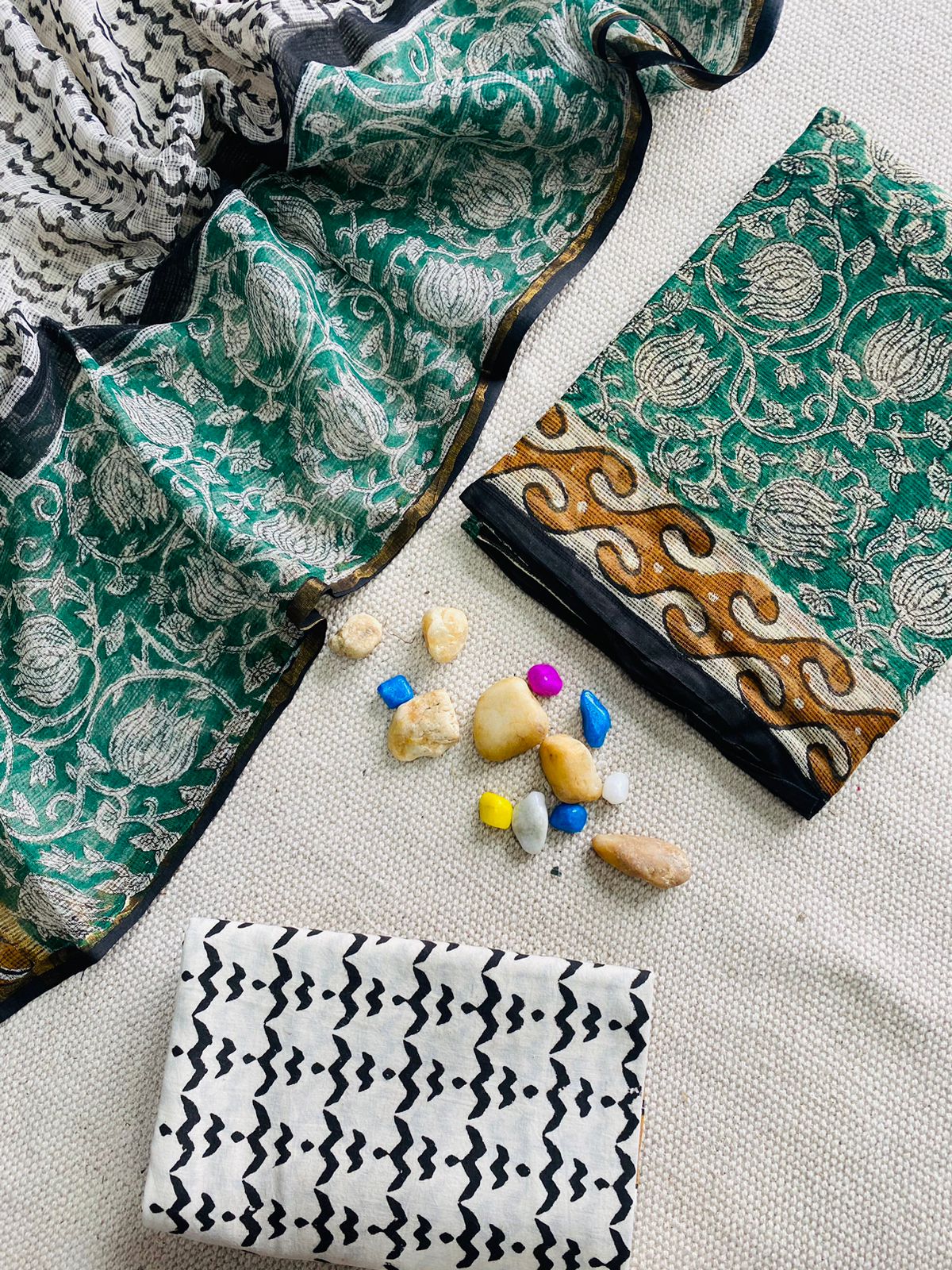 Handblock Printed Pure Kota Doria green Suit Set
