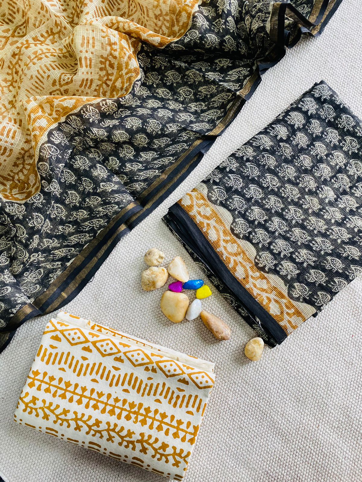 Handblock Printed Pure Kota Doria black Suit Set