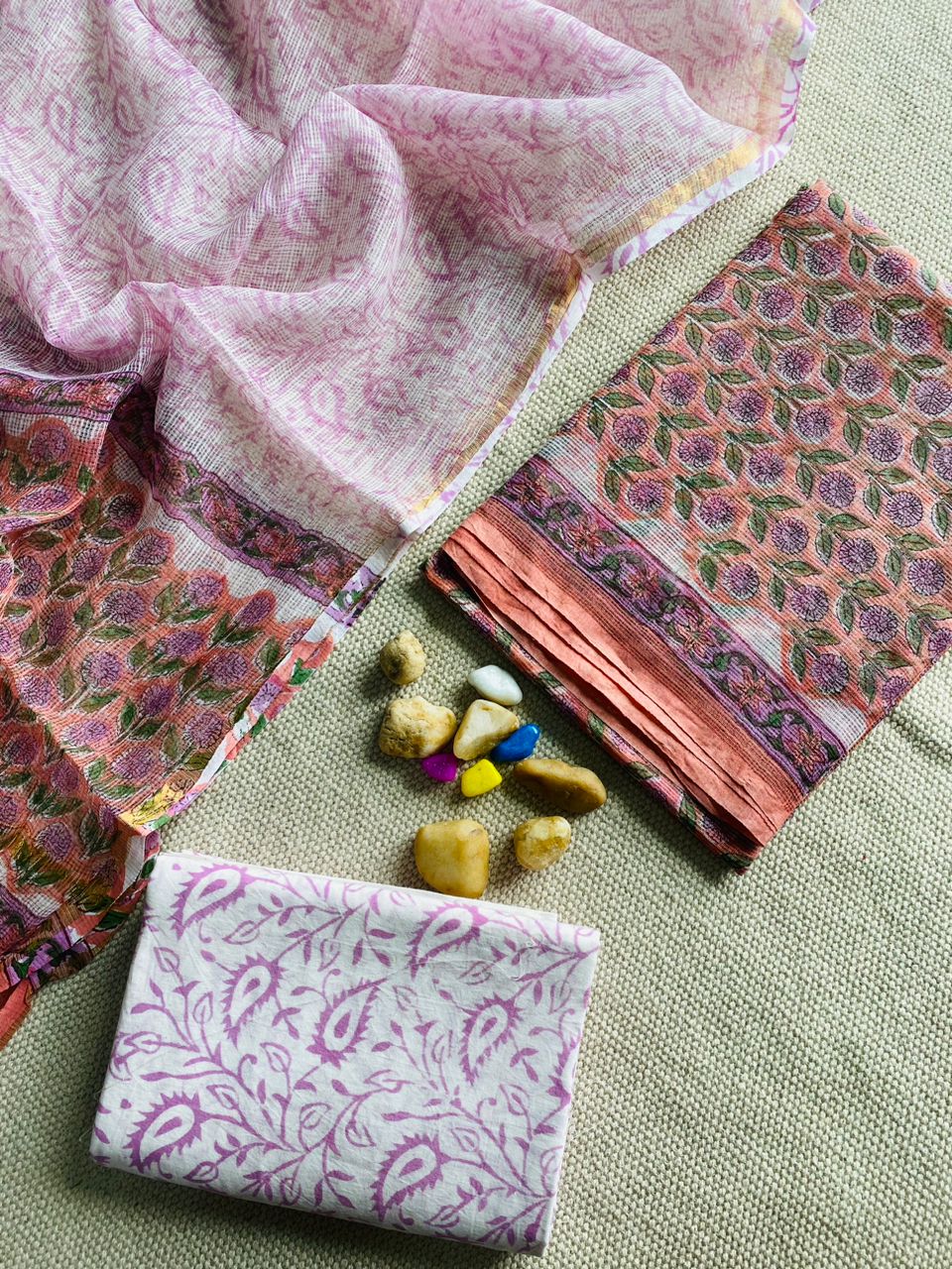 Handblock Printed Pure Kota Doria orange Suit Set