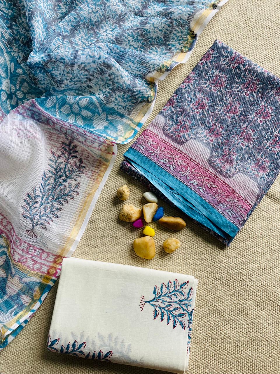 Handblock Printed Pure Kota Doria purple Suit Set