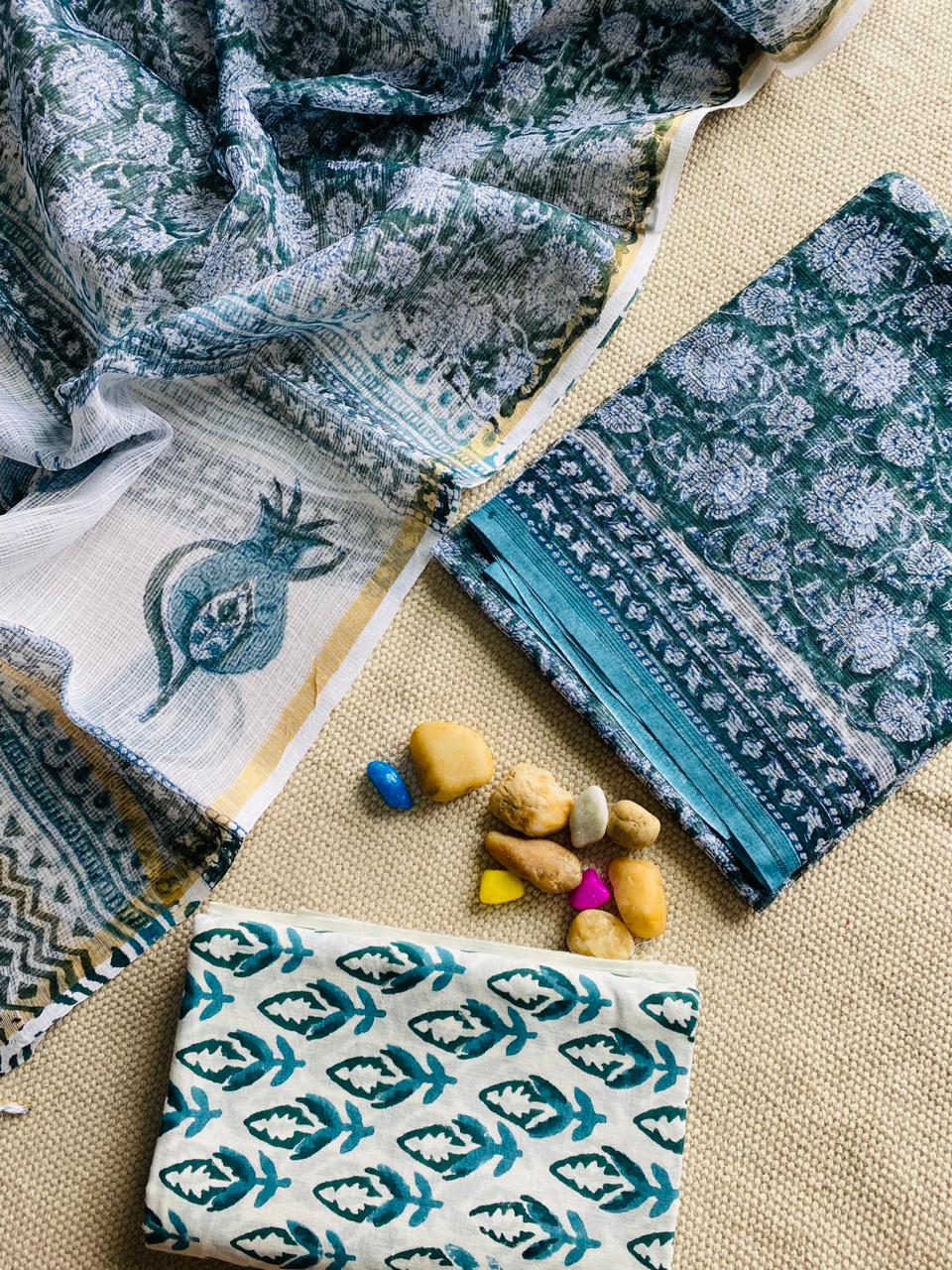 Handblock Printed Pure Kota Doria purple Suit Set