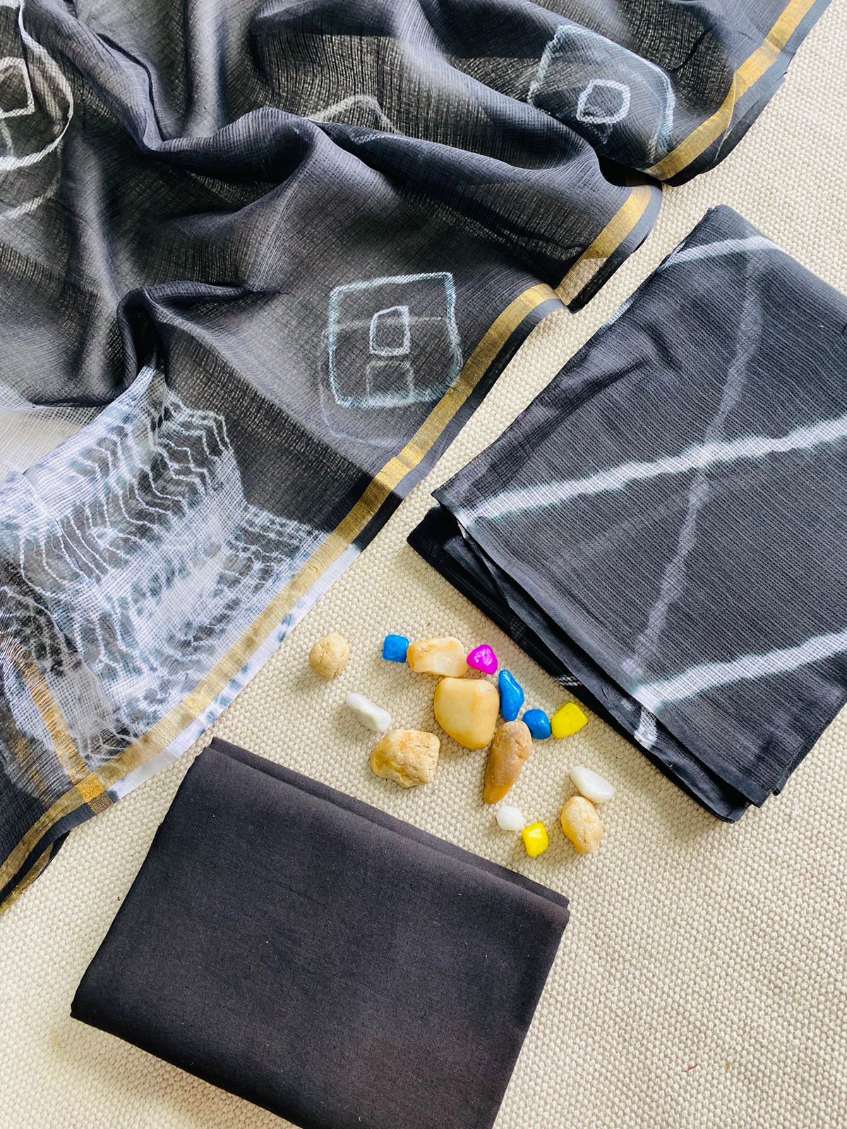 Handblock Printed Pure Kota Doria black Suit Set