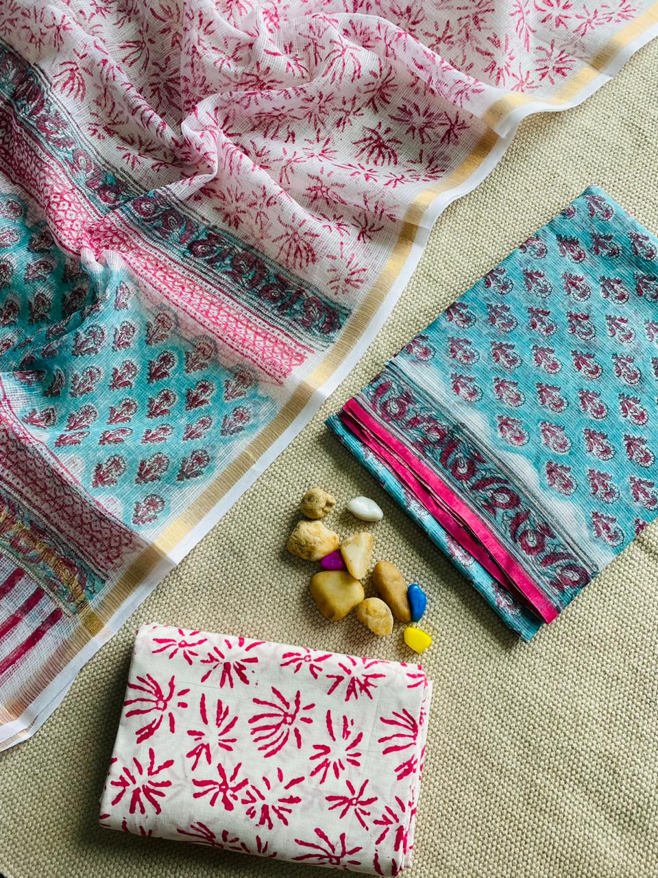 Handblock Printed Pure Kota Doria purple Suit Set