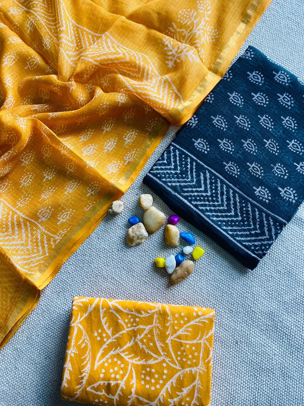 Handblock Printed Pure Kota Doria yellow Suit Set