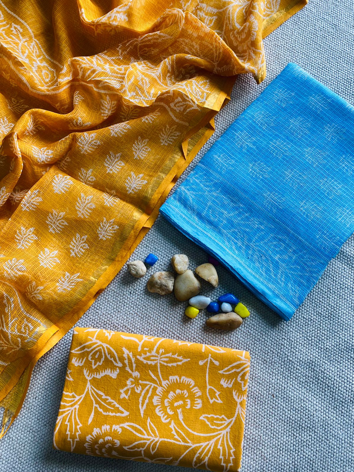 Handblock Printed Pure Kota Doria yellow Suit Set