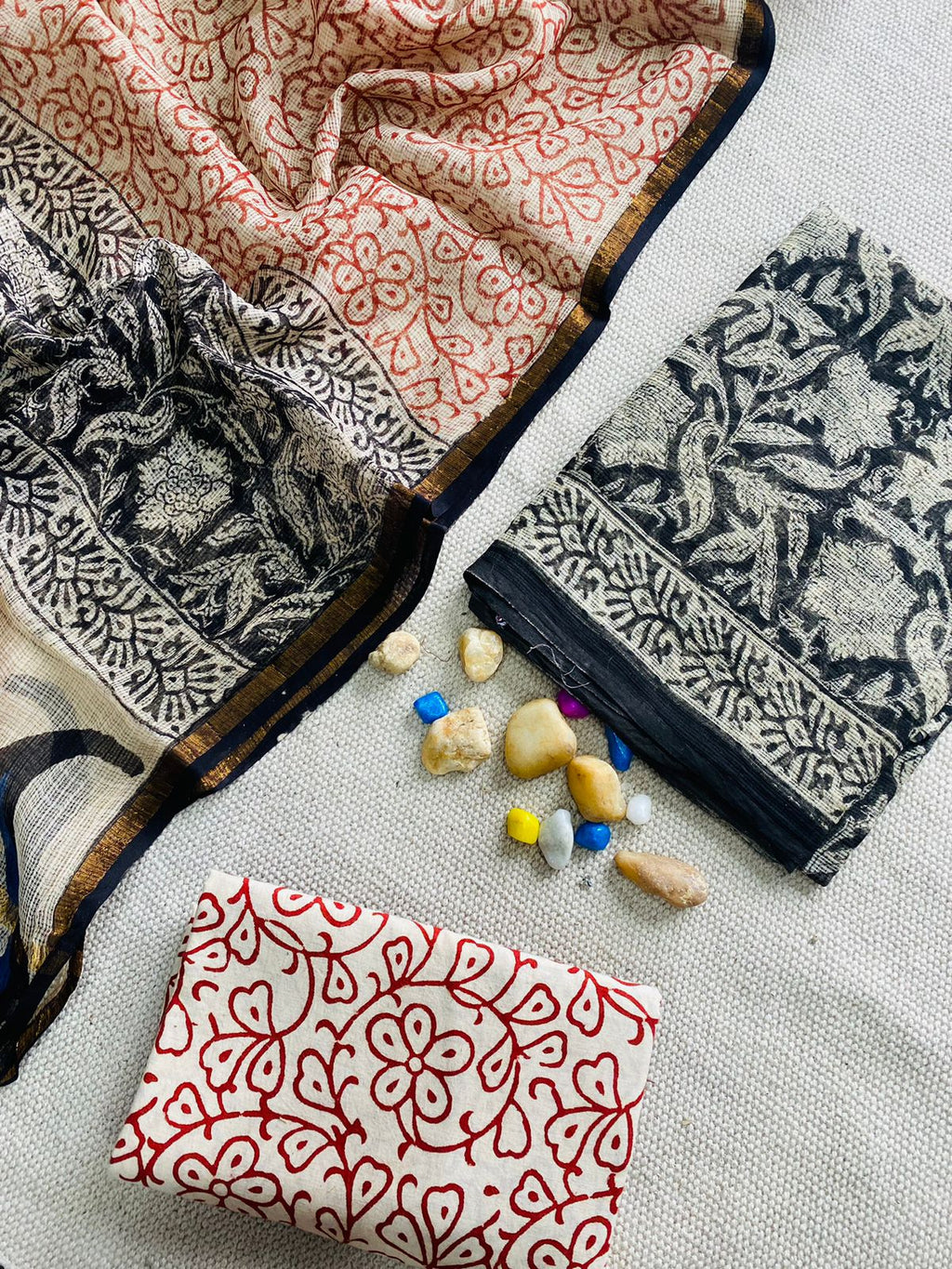 Handblock Printed Pure Kota Doria black Suit Set