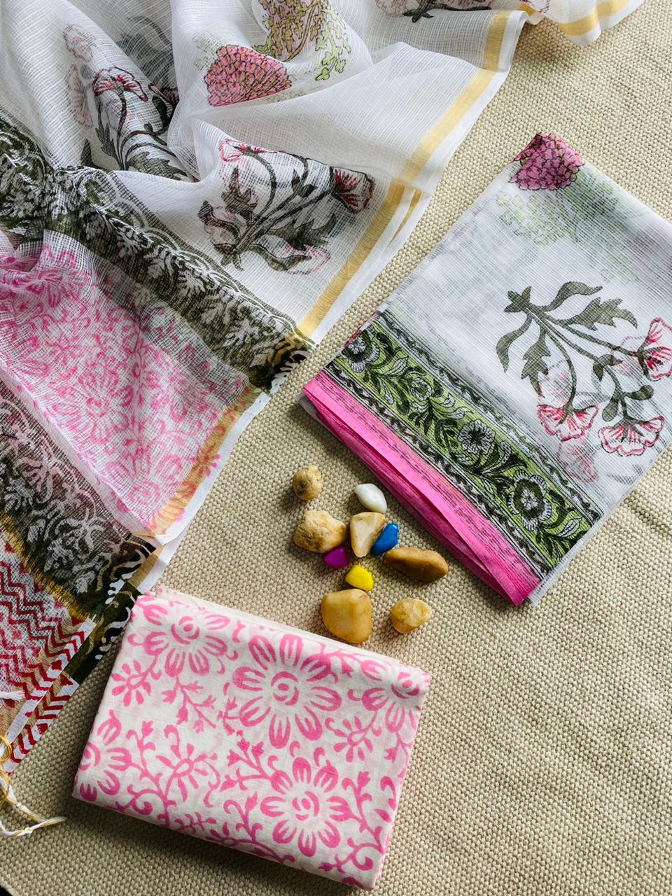 Handblock Printed Pure Kota Doria white Suit Set