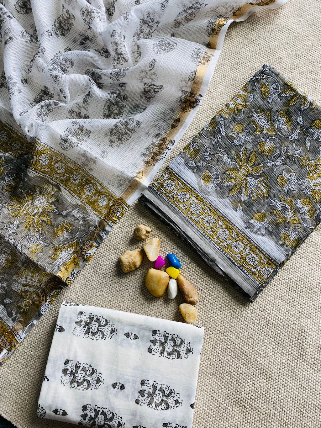 Handblock Printed Pure Kota Doria grey Suit Set