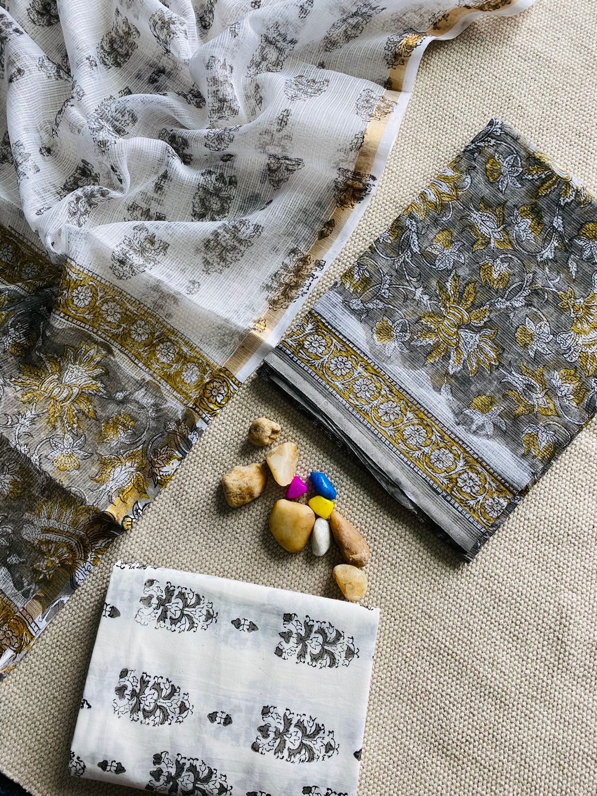 Handblock Printed Pure Kota Doria grey Suit Set