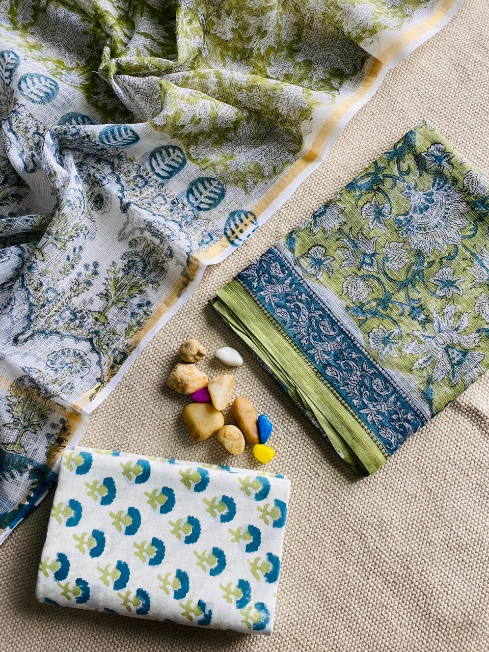 Handblock Printed Pure Kota Doria green Suit Set