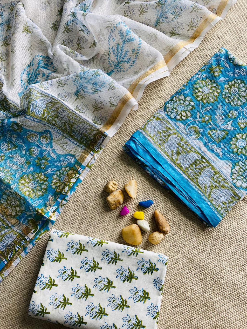 Handblock Printed Pure Kota Doria white Suit Set