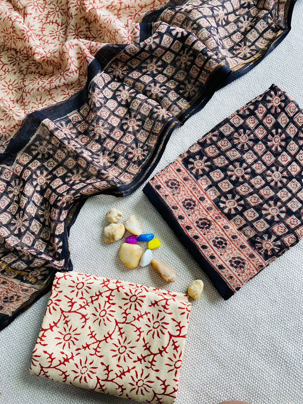 Handblock Printed Pure Kota Doria black Suit Set