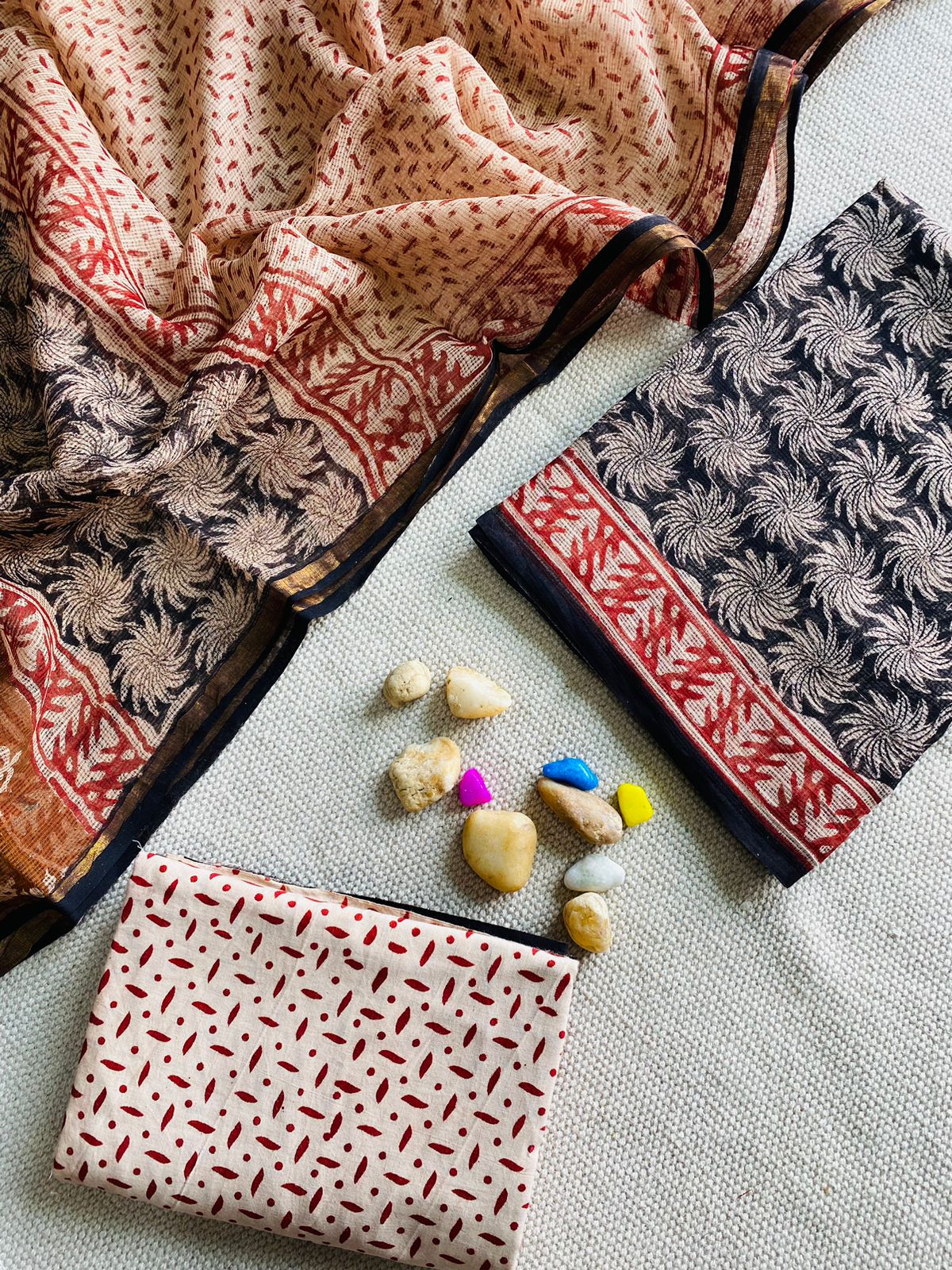 Handblock Printed Pure Kota Doria black Suit Set