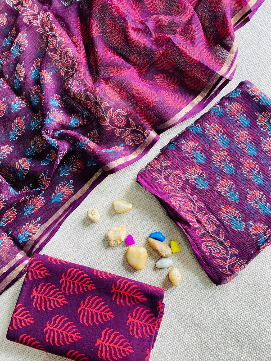 Handblock Printed Pure Kota Doria purple Suit Set