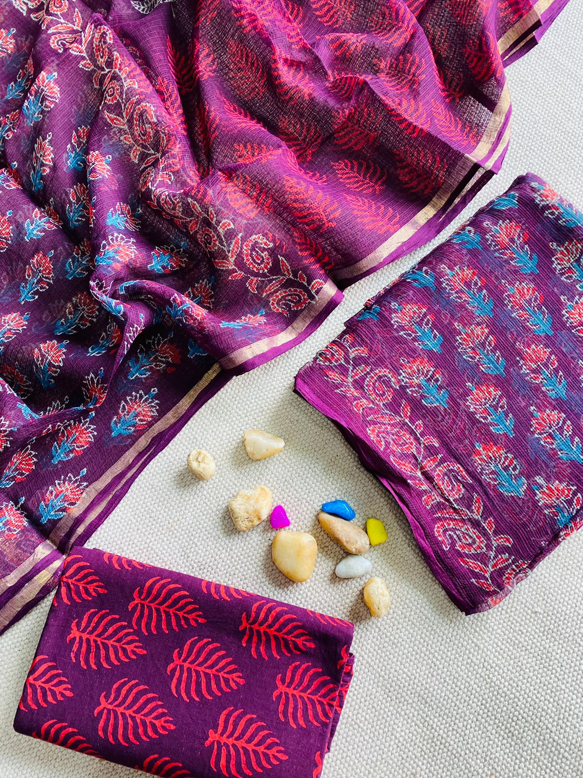 Handblock Printed Pure Kota Doria purple Suit Set