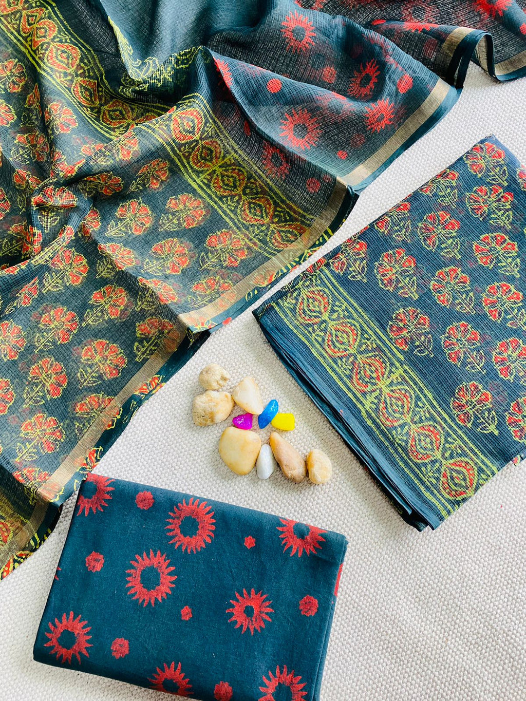 Handblock Printed Pure Kota Doria green Suit Set
