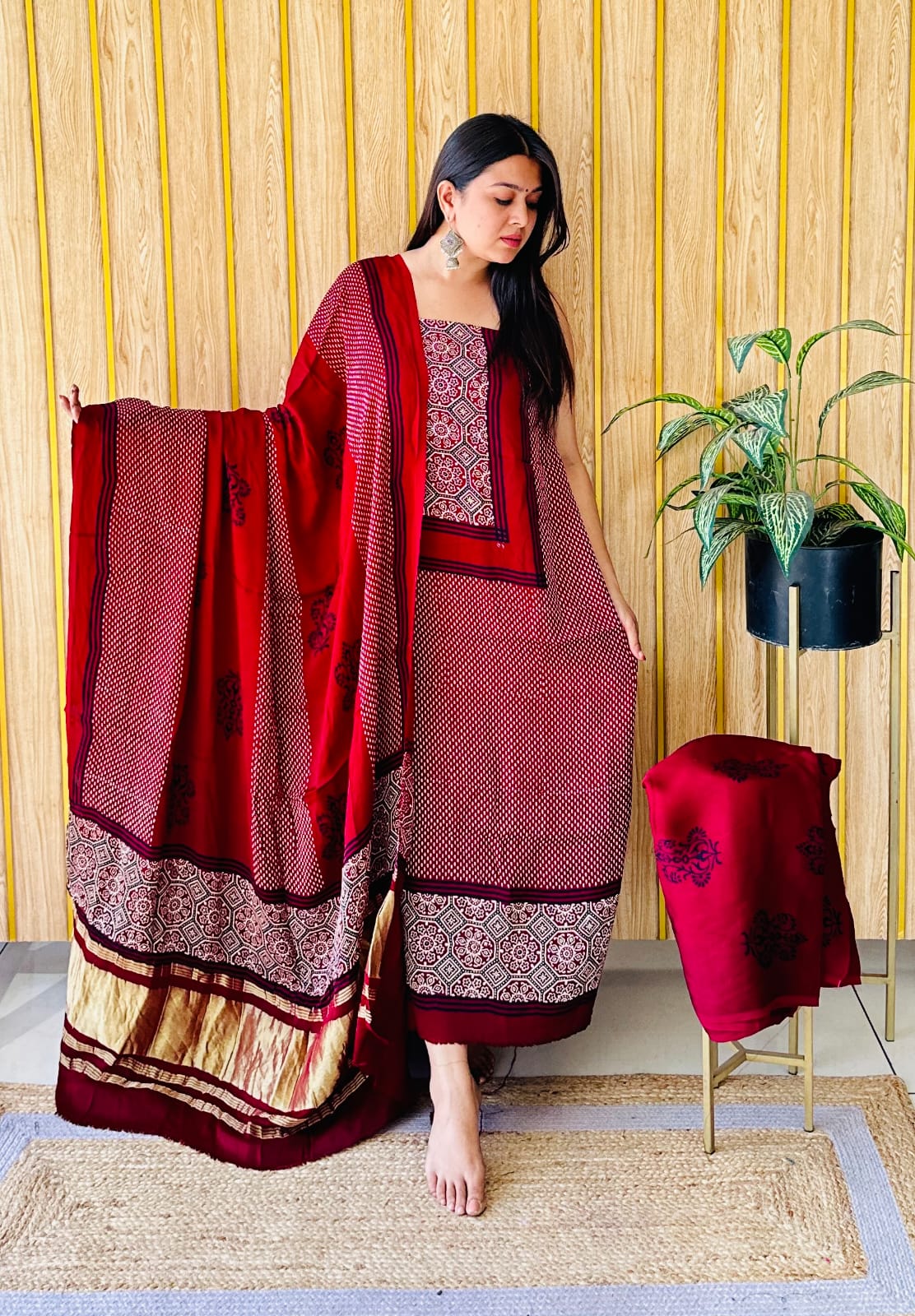 Pure Modal Silk Ajrakh Hand-Block Printed Suit –maroon
