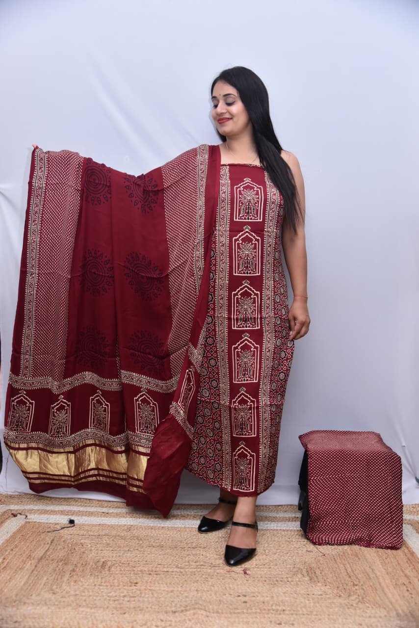 Pure Modal Silk Ajrakh Hand-Block Printed Suit –maroon