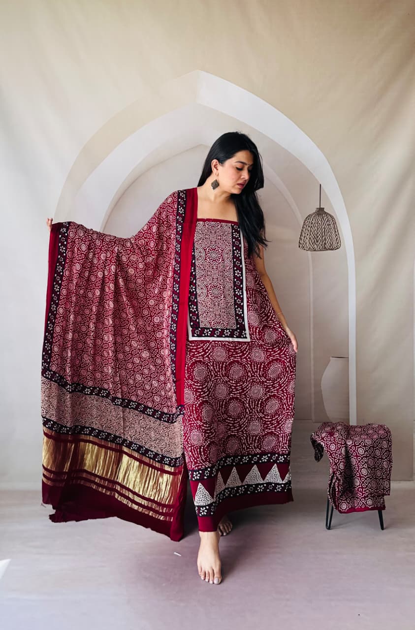 Pure Modal Silk Ajrakh Hand-Block Printed Suit –maroon
