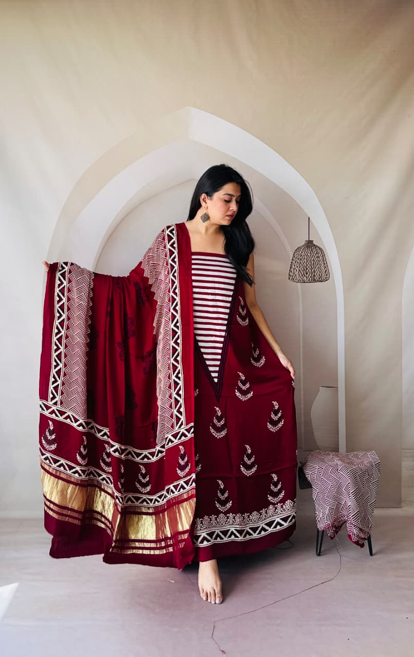 Pure Modal Silk Ajrakh Hand-Block Printed Suit –maroon