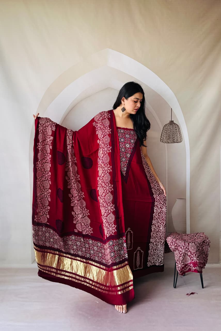Pure Modal Silk Ajrakh Hand-Block Printed Suit –maroon