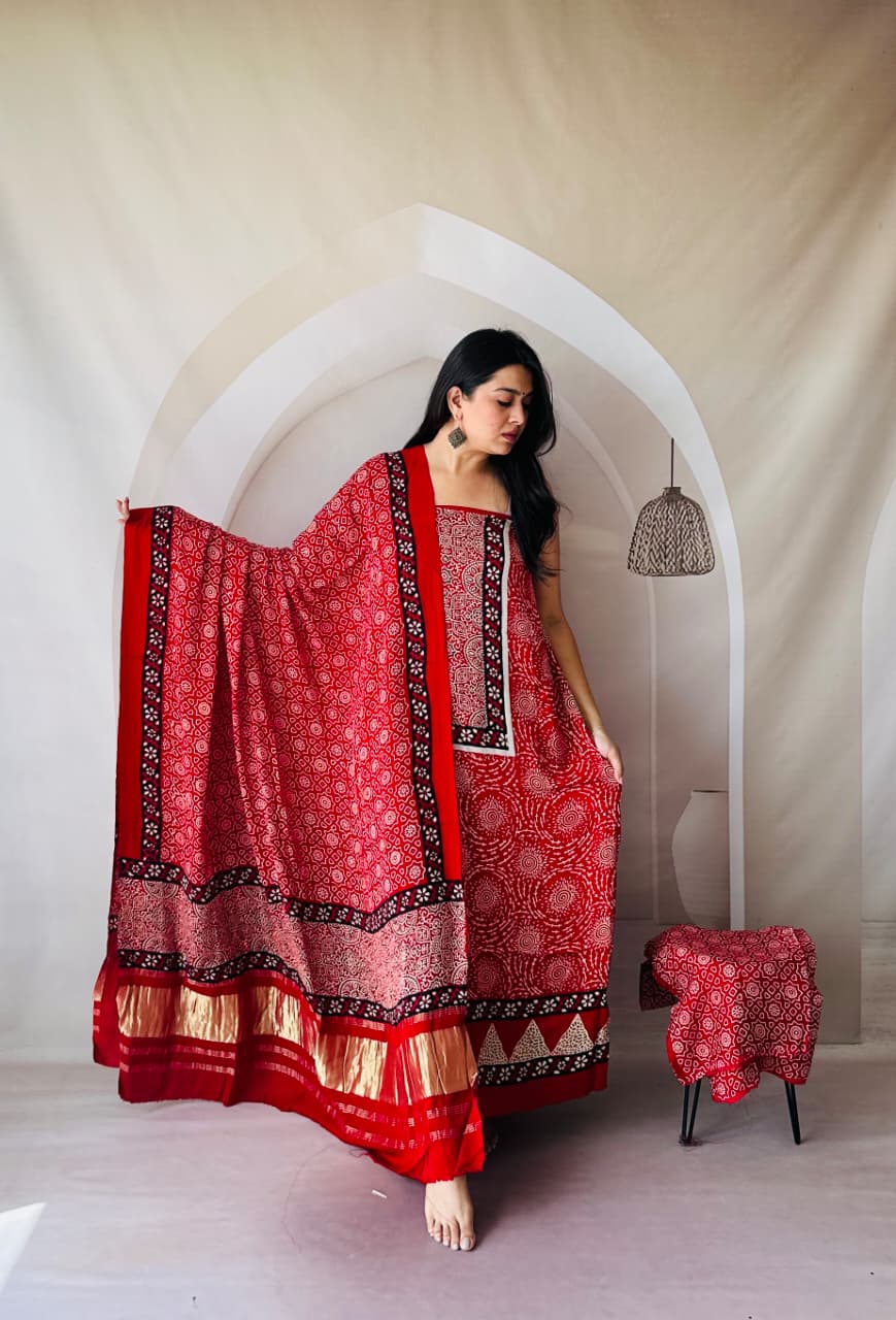 Pure Modal Silk Ajrakh Hand-Block Printed Suit –red