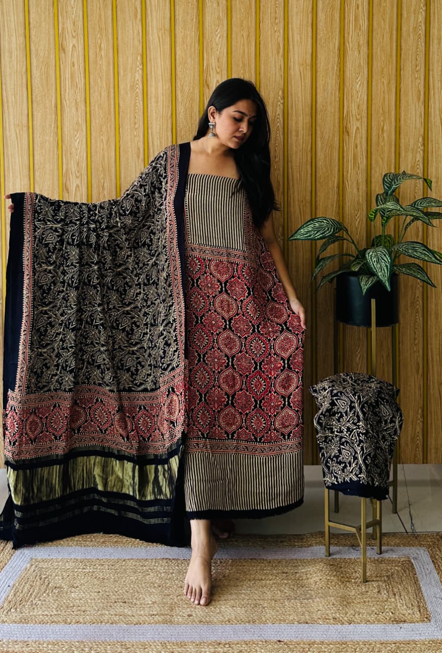 Pure Modal Silk Ajrakh Hand-Block Printed Suit –black
