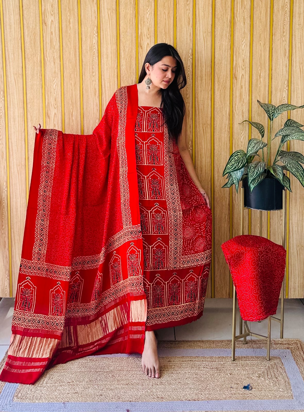 Pure Modal Silk Ajrakh Hand-Block Printed Suit –red