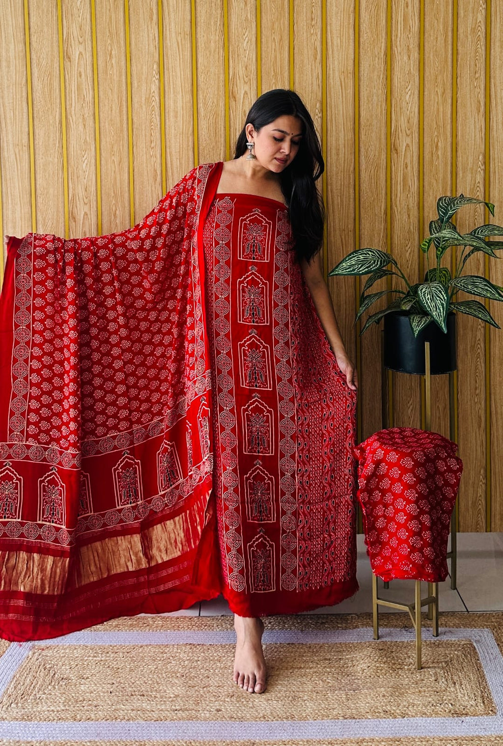 Pure Modal Silk Ajrakh Hand-Block Printed Suit –red