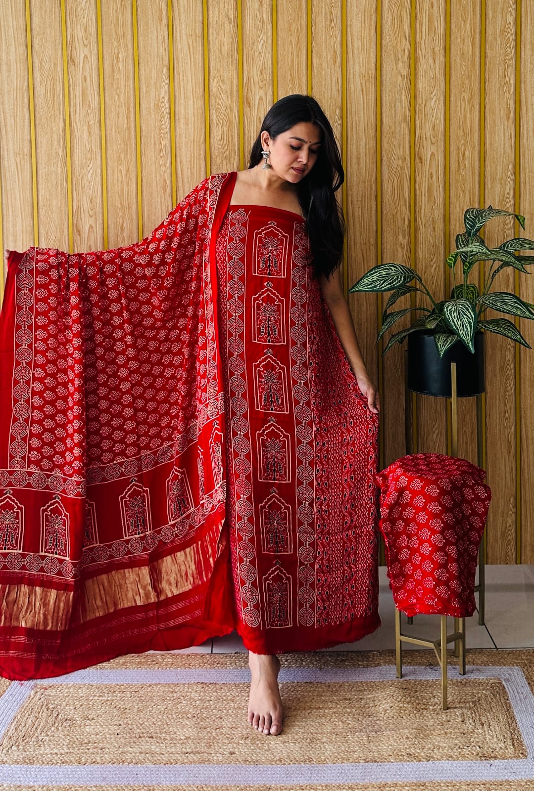 Pure Modal Silk Ajrakh Hand-Block Printed Suit –red