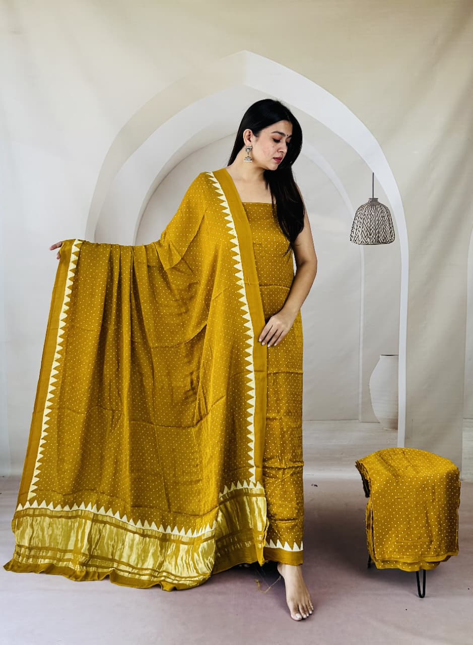 Pure Modal Silk Ajrakh Hand-Block Printed Suit –yellow