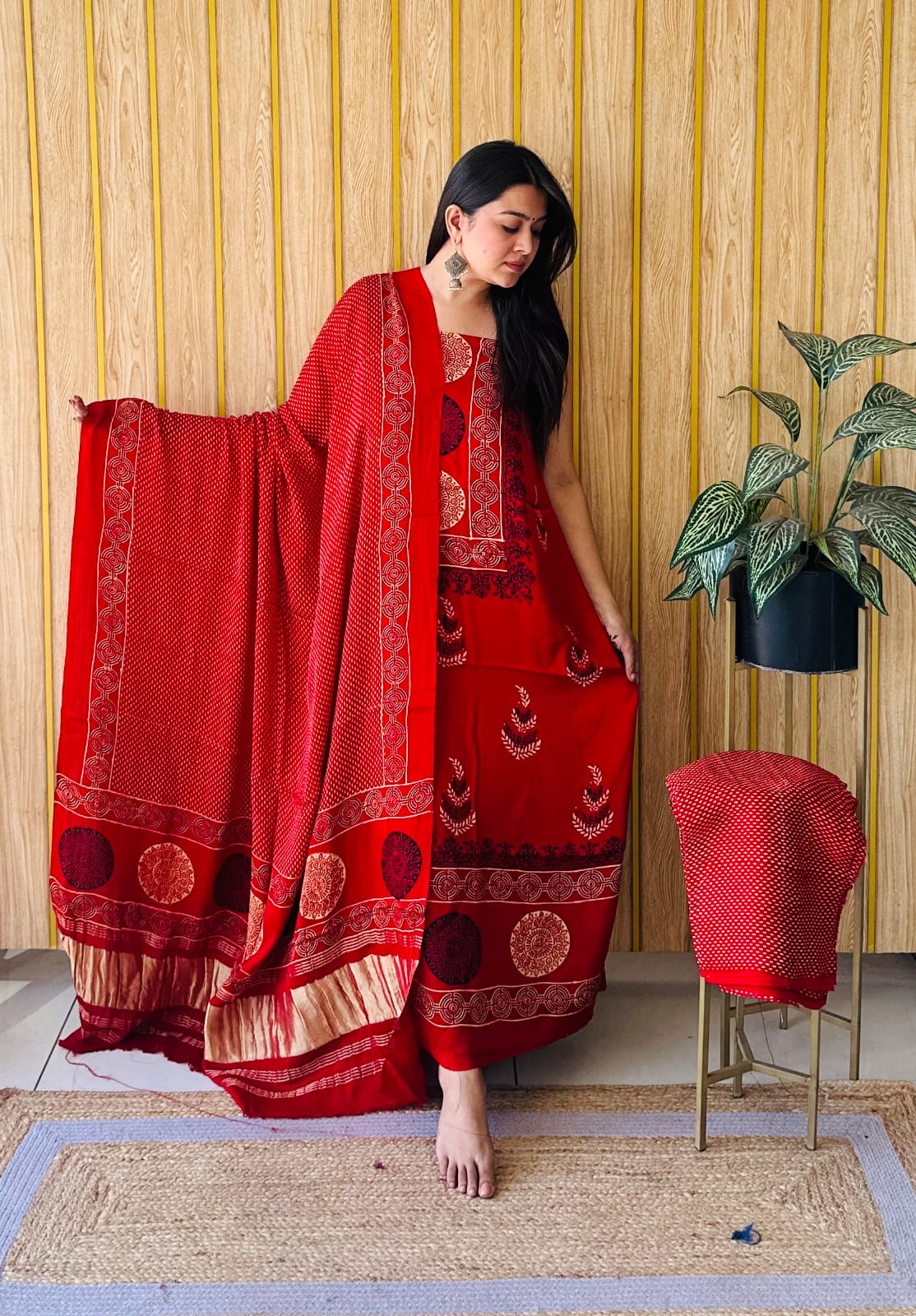 Pure Modal Silk Ajrakh Hand-Block Printed Suit –red