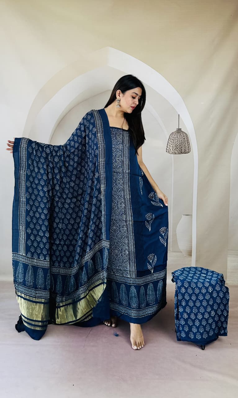 Pure Modal Silk Ajrakh Hand-Block Printed Suit –blue