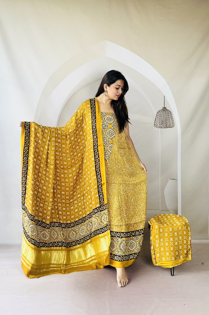 Pure Modal Silk Ajrakh Hand-Block Printed Suit –yellow