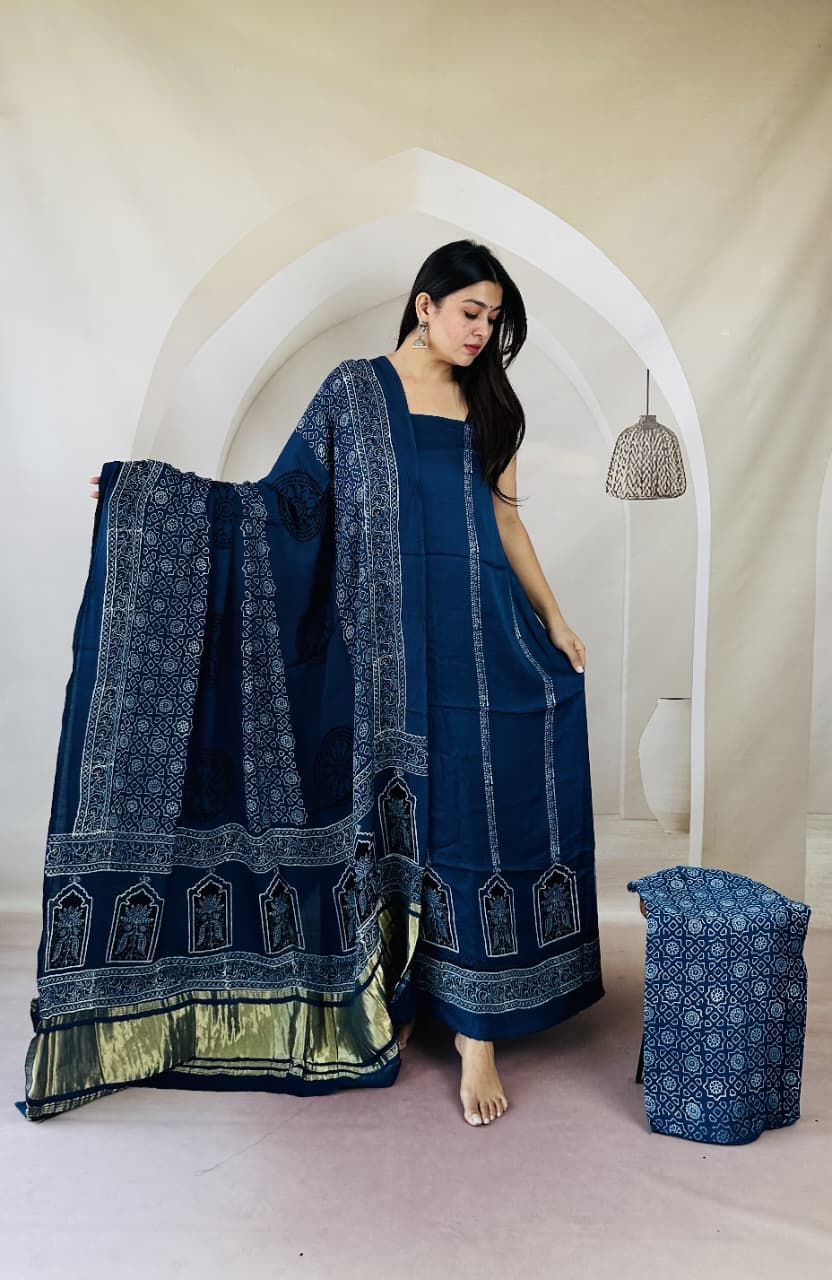 Pure Modal Silk Ajrakh Hand-Block Printed Suit –blue