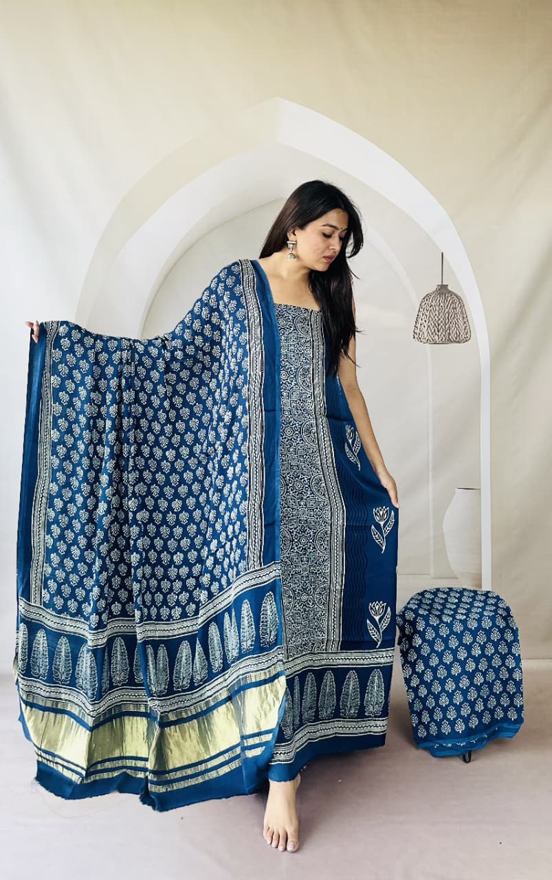Pure Modal Silk Ajrakh Hand-Block Printed Suit –indigo