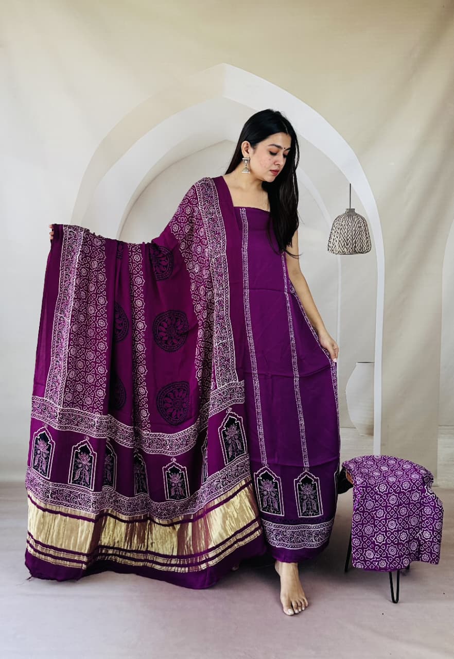Pure Modal Silk Ajrakh Hand-Block Printed Suit –purple
