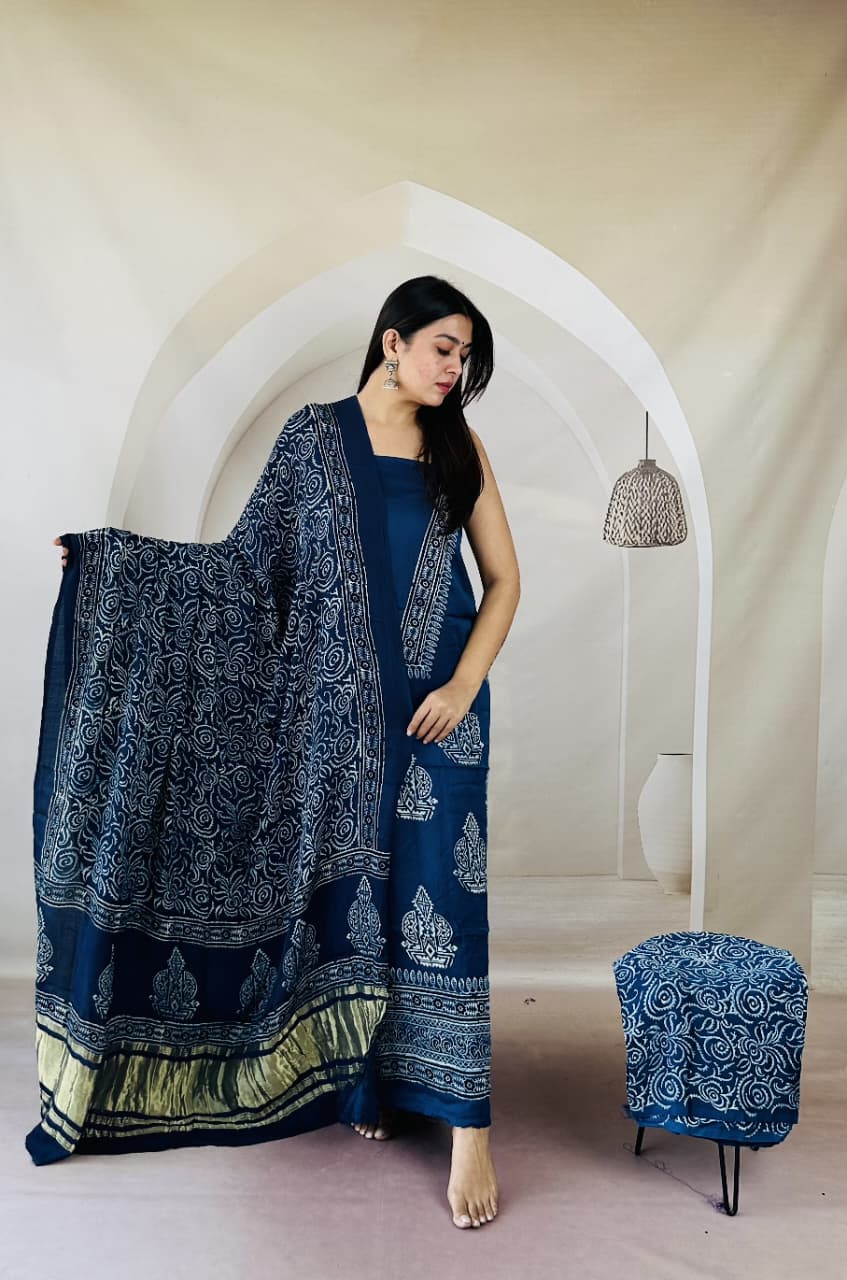 Pure Modal Silk Ajrakh Hand-Block Printed Suit –blue