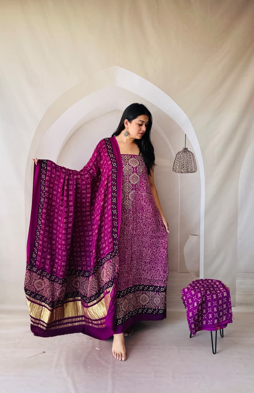 Pure Modal Silk Ajrakh Hand-Block Printed Suit –purple