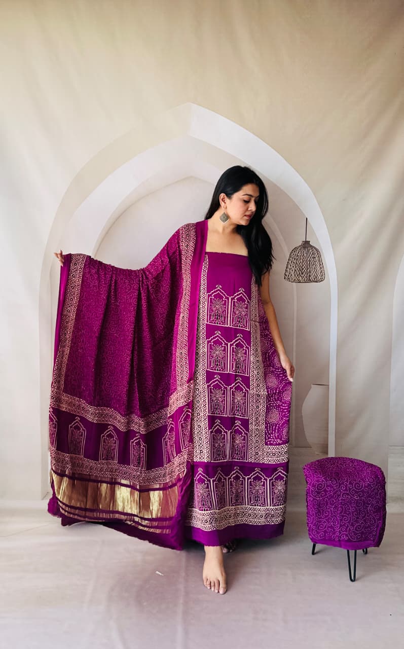 Pure Modal Silk Ajrakh Hand-Block Printed Suit –purple