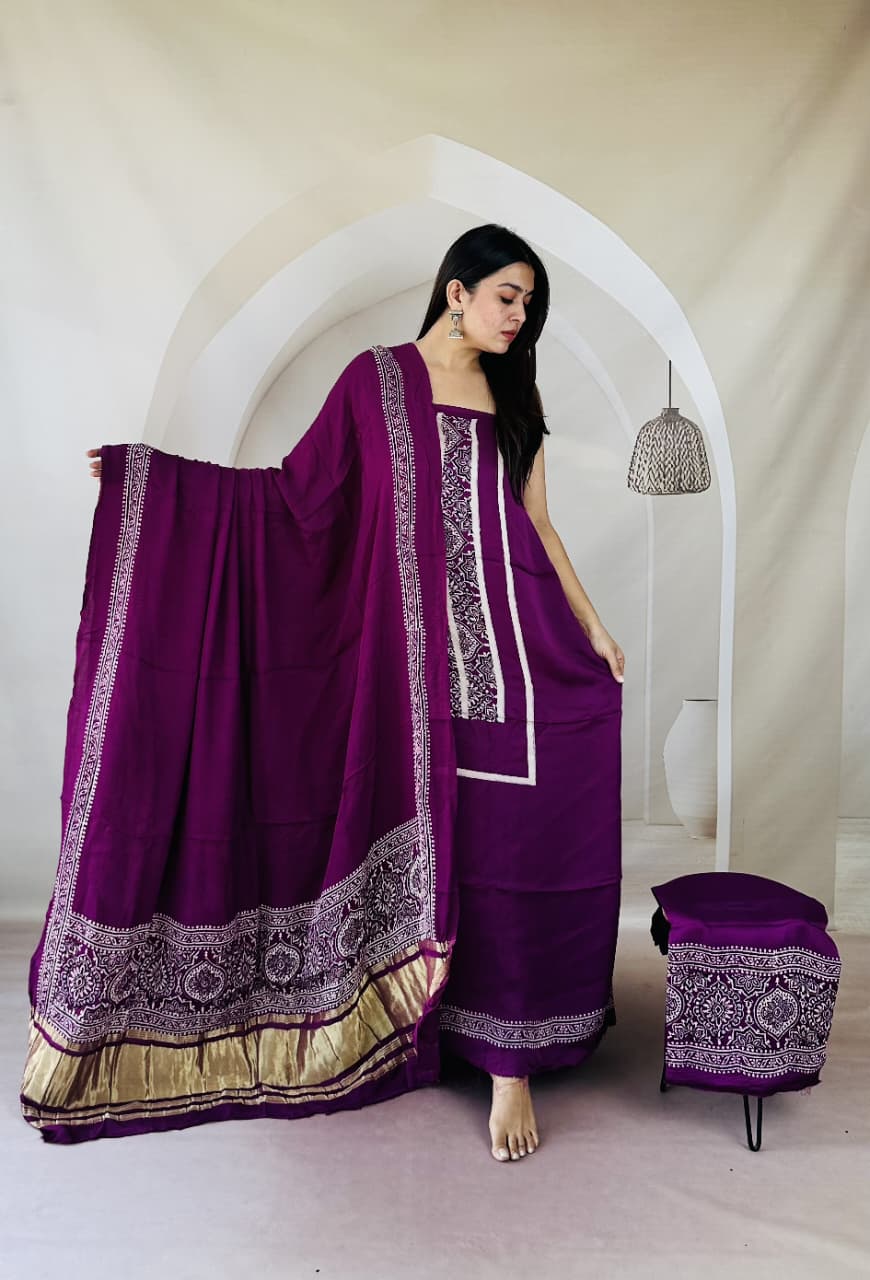 Pure Modal Silk Ajrakh Hand-Block Printed Suit –purple