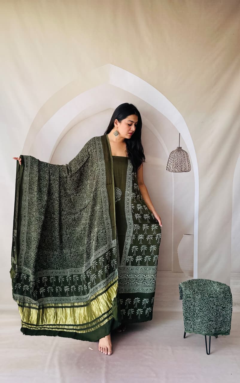 Pure Modal Silk Ajrakh Hand-Block Printed Suit –green