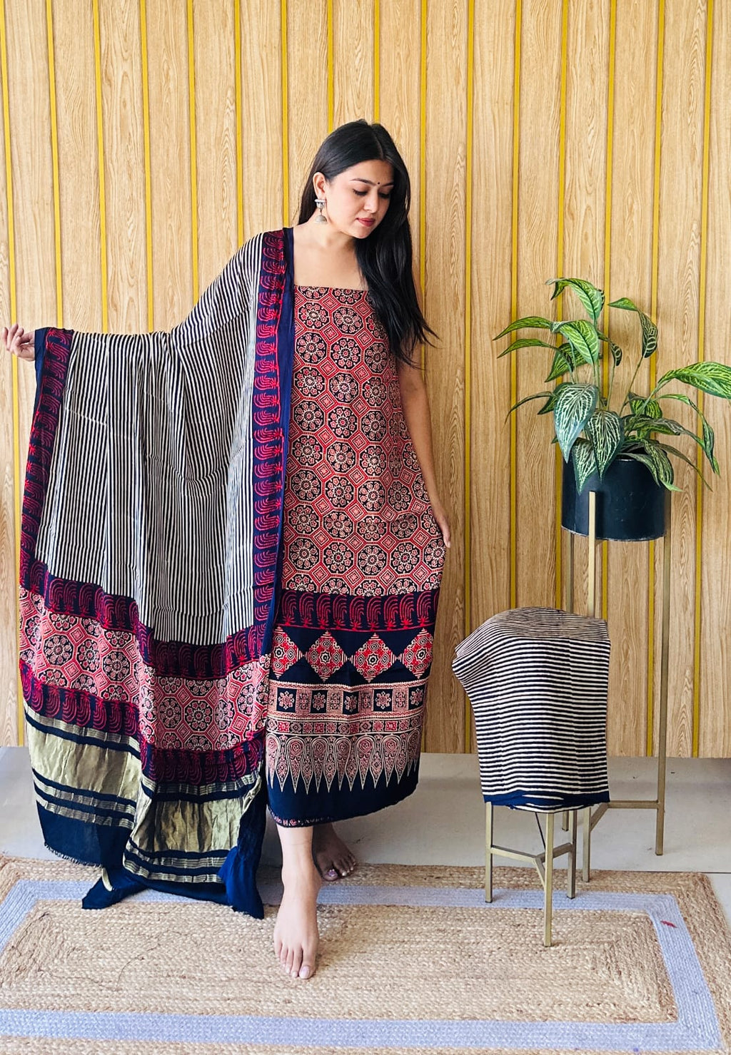 Pure Modal Silk Ajrakh Hand-Block Printed Suit –maroon