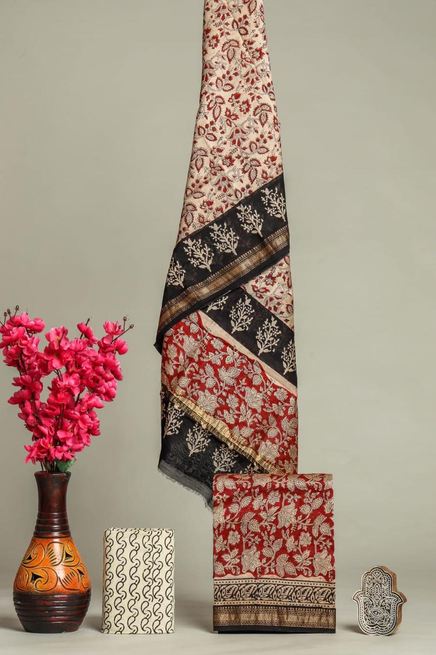 Handblock Printed Pure Kota Doria red Suit Set with Cotton Pajama