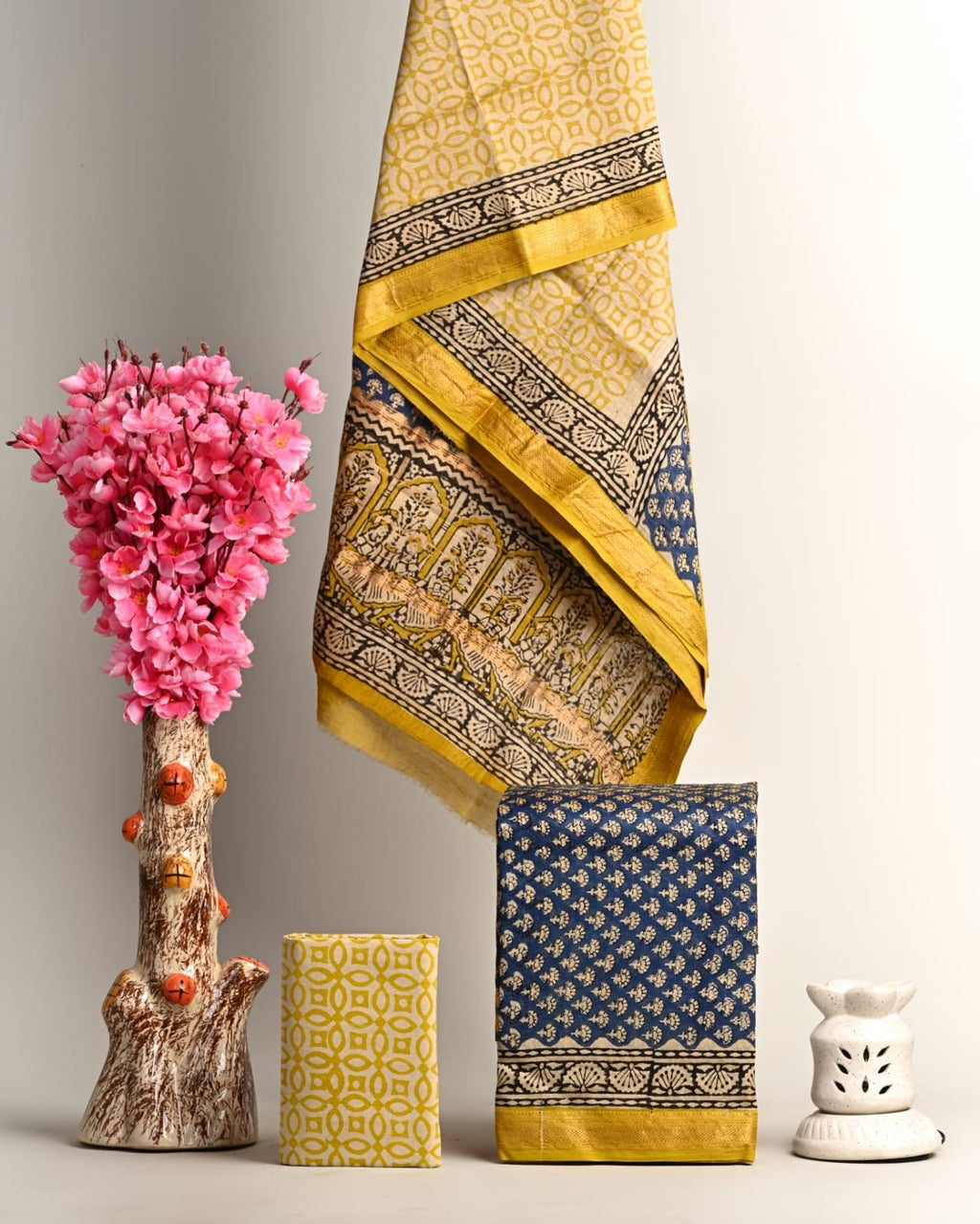 Handblock Printed Pure Kota Doria yellow Suit Set with Cotton Pajama