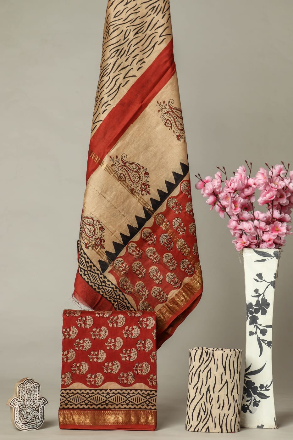 Handblock Printed Pure Kota Doria red Suit Set with Cotton Pajama