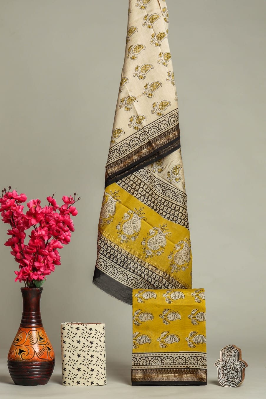 Handblock Printed Pure Kota Doria yellow Suit Set with Cotton Pajama