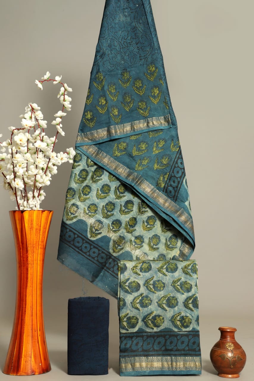 Handblock Printed Pure Kota Doria green Suit Set with Cotton Pajama